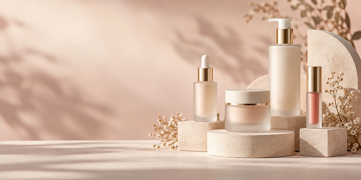 Nerelle Beauty skincare collection on warm sculptural plinths